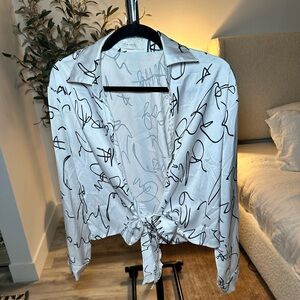 12th Tribe La Classica Satin Print Tie Front Wrap Top Blouse